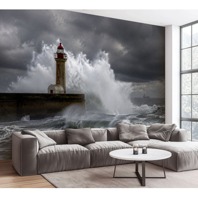 Wall Mural Peel and Stick Wallpaper Storm lighthouse coastal water sea ocean beach Self-Adhesive Removable Contact Paper Wall Decor for Living Room Bedroom 100"H x 144"W
