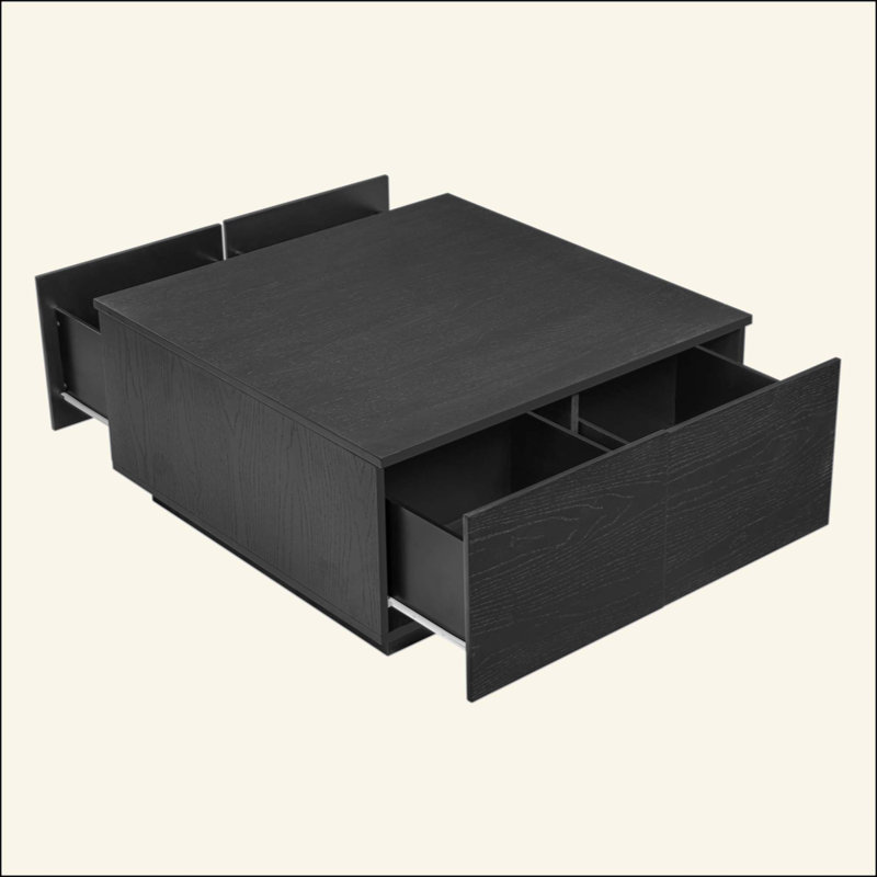 33.25" Square Coffee Table with 4 Drawers, Black