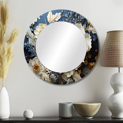 White Blue Wildflowers Natures Tapestry I - Wildflowers Unique Mirror, Traditional Large Round Wall Mirror, Printed Metal Art