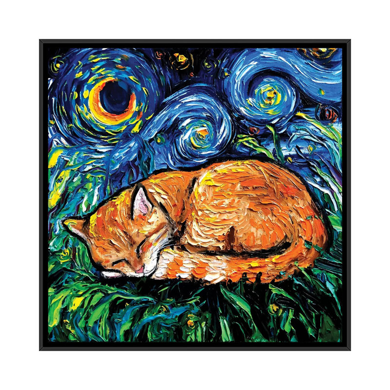 «Orange Tabby Night» par Aja Treves - reproduction d'art, H 26 po x l 26 po x P 1,5 po, Toile avec cadre noir, Pas de tapis