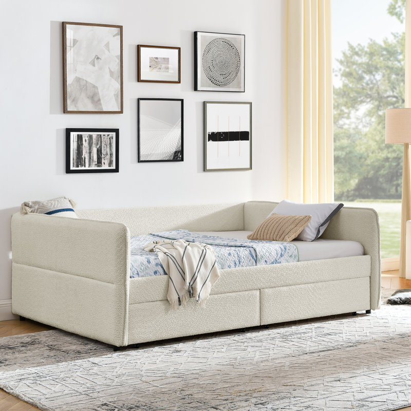 Lit de jour avec rangement gigogne et tiroir, grand lit tapissier beige, 88 po x 65,5 po x 29,5 po, rayures élégantes, expérience d'assise confortable, solution d'installation manuelle facile, vertical