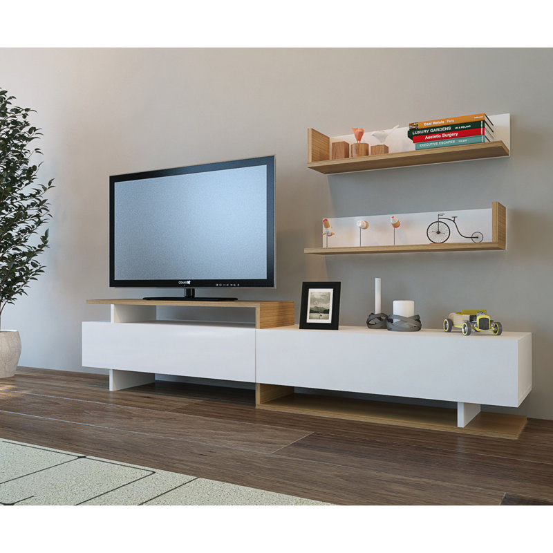 Modern Scandinavian TV Unit with Wall Shelf, White & Teak, 70.9 x 15.7 x 14.7 inches | 100% Melamine Coated Particle Board, Thickness: 0.7 inches | Multiple Shelves, Wall-Mountable, Stylish & Functional Design