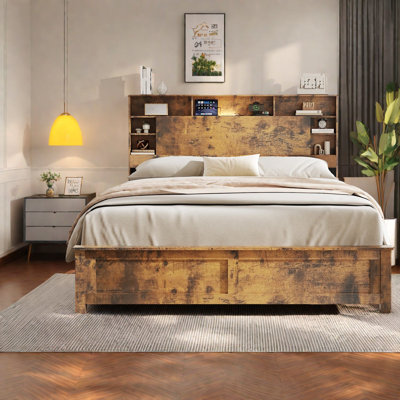 Modern Wood Queen Bed with Storage, USB Ports, LED Lighting
