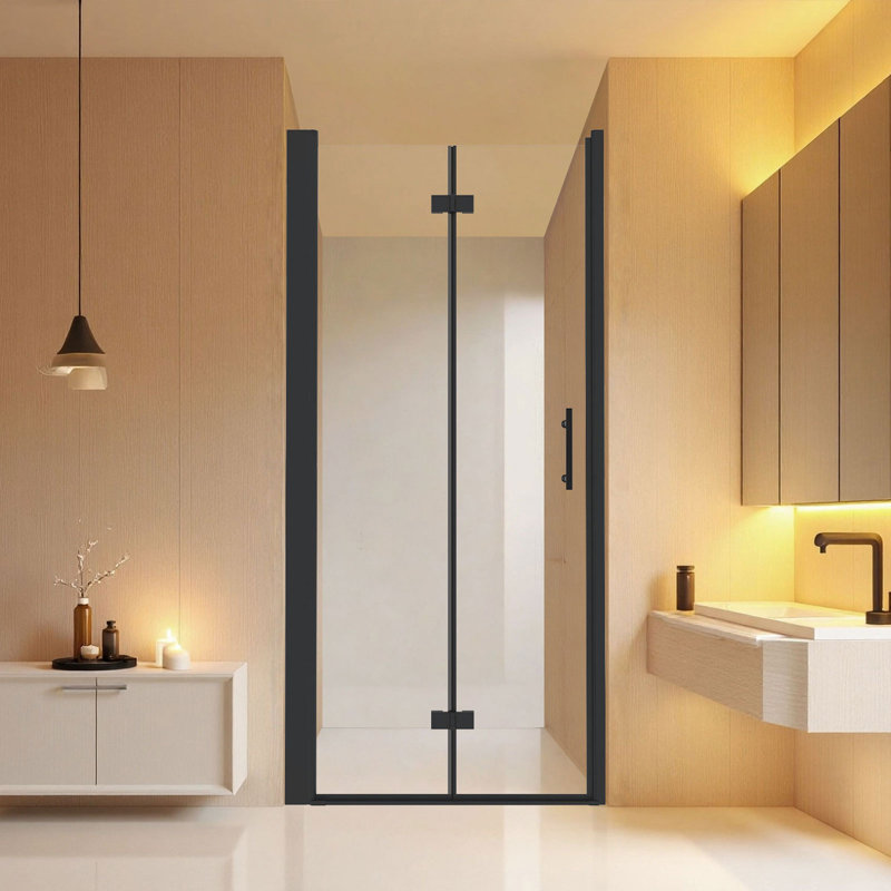 Porte de douche pliante 32 po x 72 po, verre trempé 1/4 po (6 mm), cadre en aluminium noir mat, film antidéflagrant, Noir