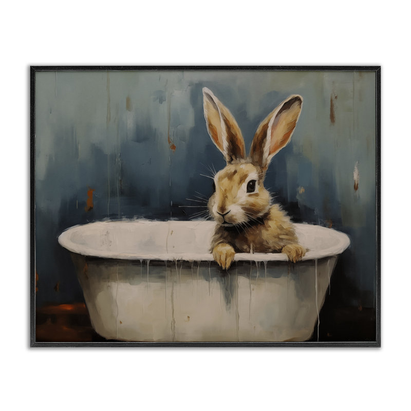 «Baby Bunny in Tub», estampe numérique, design par Arlington Prints, H 11 po x l 14 po, Giclée encadrée noir minuit