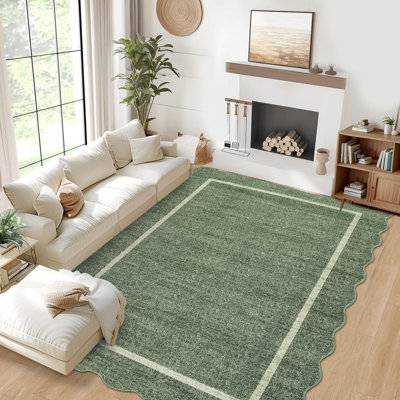 Scalloped Machine Washable Rug Non-Slip Bordered Floor Mats Non-Shedding Soft Low Pile Modern Accent Rugs for Living Room Bedroom Office