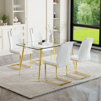 Ensemble de salle à manger moderne 5 pièces avec table en verre trempé et chaises en similicuir, ensemble de table de cuisine élégant avec pieds en métal