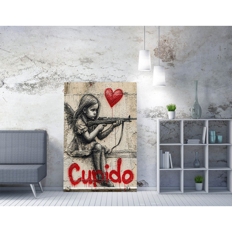 Cupid With A Gun Graffiti Banksy Style Canvas Wall Art Print Picture, 76 cm H x 51 cm W