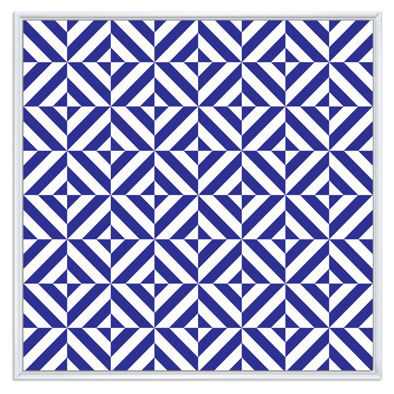 «Blue and White Striped Geometrics», reproduction d'art sur toile à motifs, Cadre flottant blanc, H 16 po x l 16 po x P 1 po