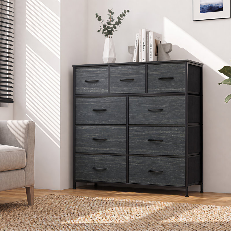 Commode 9 tiroirs avec plateau en bois Reinardo, Noir anthracite