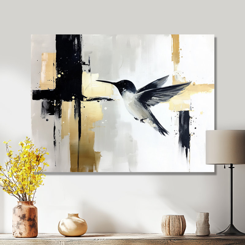 Aquarelle, vol d'oiseau de colibri abstrait II, H 16 po x l 32 po