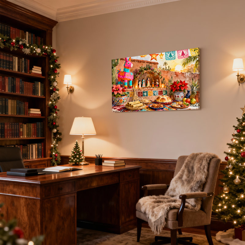 Ensemble de 3 impressions sur toile de Noël, scène de fête mexicaine colorée avec piata et nourriture, H 20 po x l 30 po