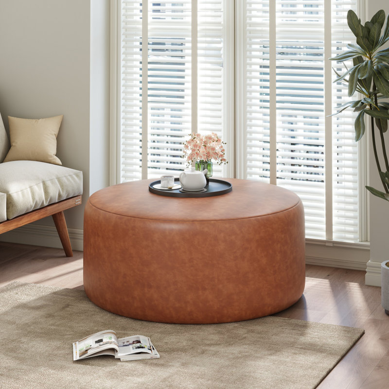 Repose-pieds rembourré rond, Brun, cognac, Faux cuir