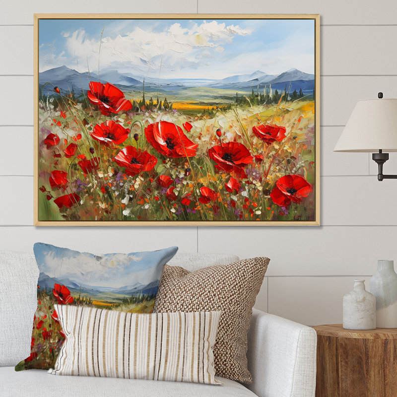 «Red Poppies Field In Mountain I», reproduction sur toile, Cadre flottant blanc, H 30 po x l 40 po x P 1,5 po