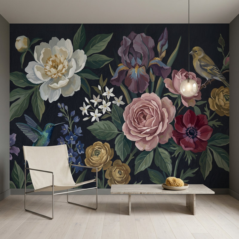 Papier peint floral foncé foncé, 200 po x 120 po, Non tissé
