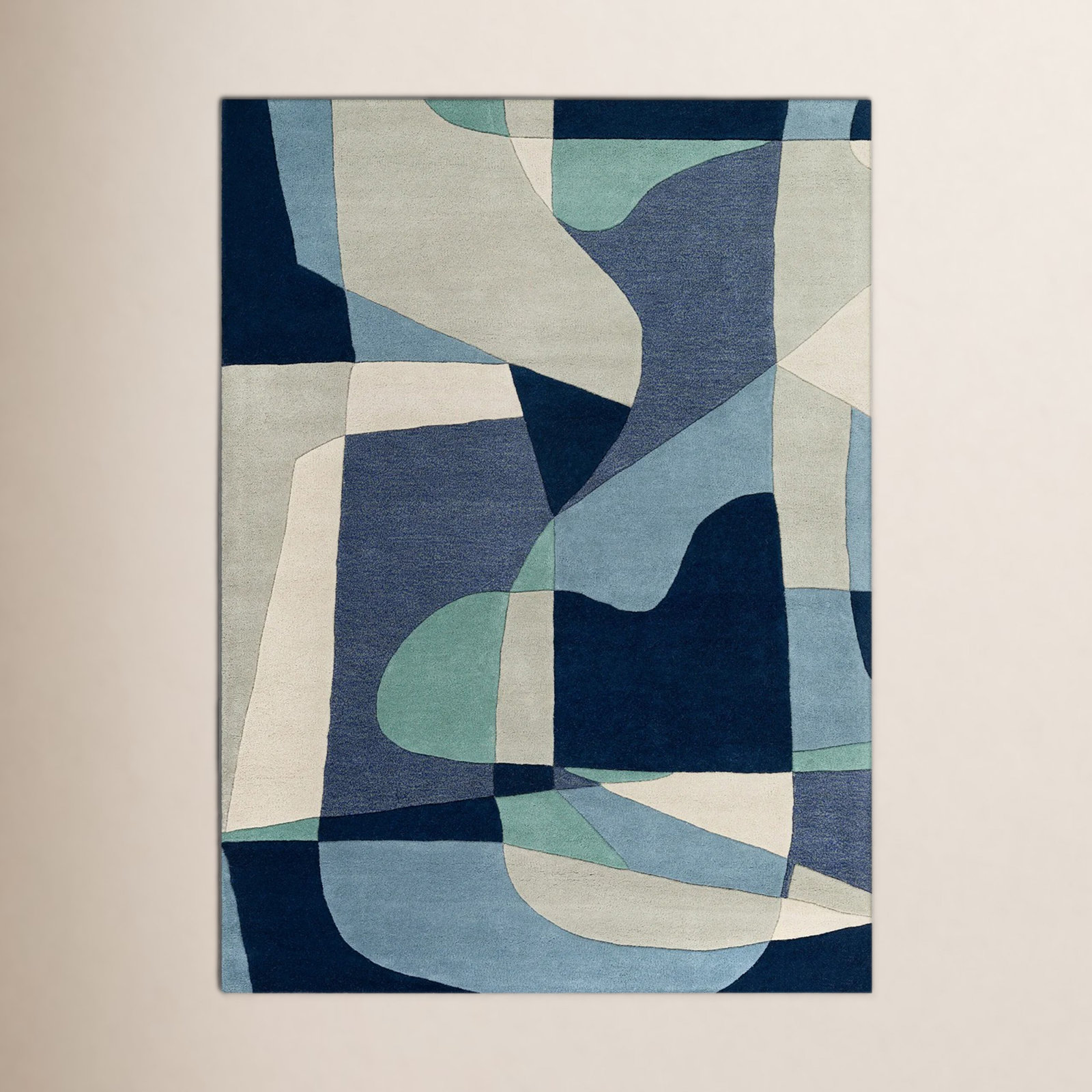 Gaye Teal Navy Beige Hand-Tufted Geometric Rug, Rectangle 9' x 12'