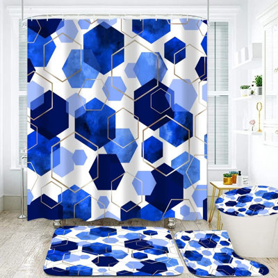 Ensemble de rideau de salle de bain bleu, 4 pièces, art moderne, rideau de douche géométrique avec 12 crochets, imperméable, occultant, L 70,8 pi x l 70,8 pi
