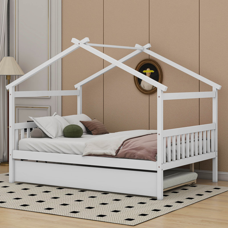 Annais Wooden House Bed with Trundle, Full, White