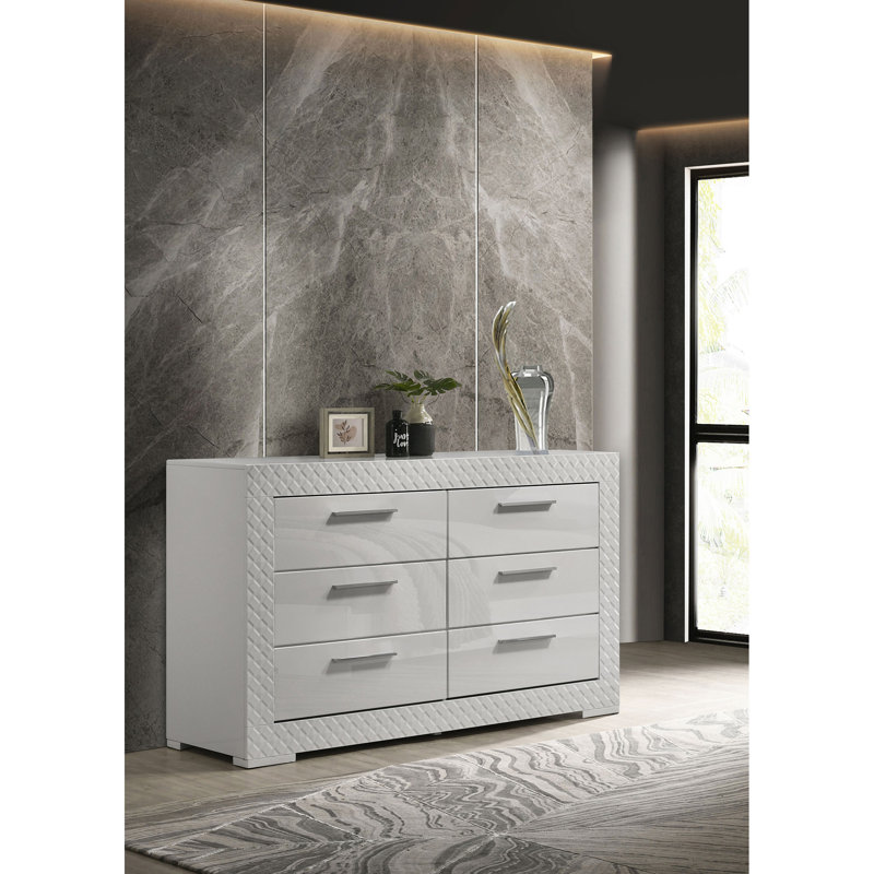 Commode 6 tiroirs Pierce White, Blanc brillant