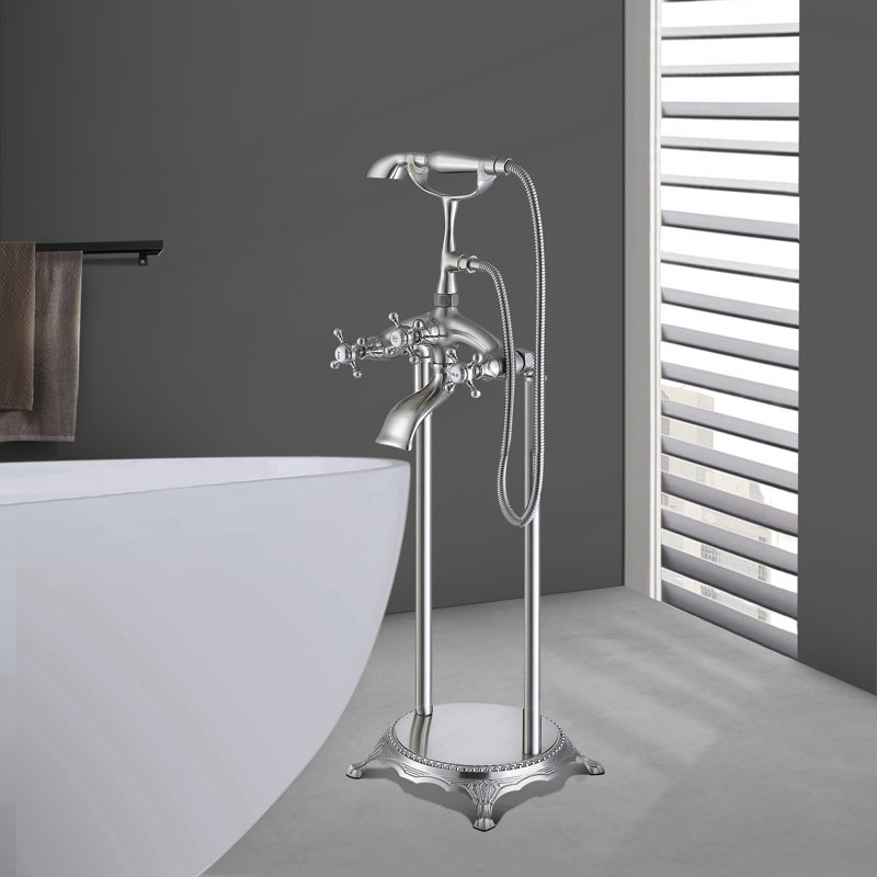 39-3/4 In. Double-Handle Freestanding Floor Mounted Bathtub Filler Faucets With Hand Held Shower Head In, Brushed Nickel