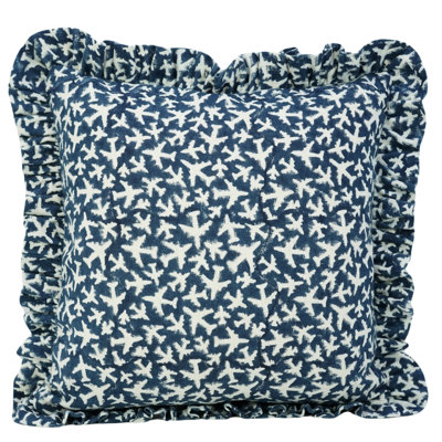 Fabdivine Blue Off White Linen Frill Double Side, Block Print Pillow Cover