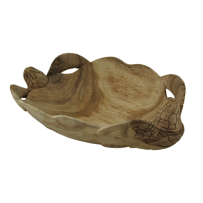 Bol décoratif en bois sculpté à la main Wilfrid avec tortues de mer jumelles, bordure festonnée et finition naturelle - 11 x 8 x 3,5 pouces