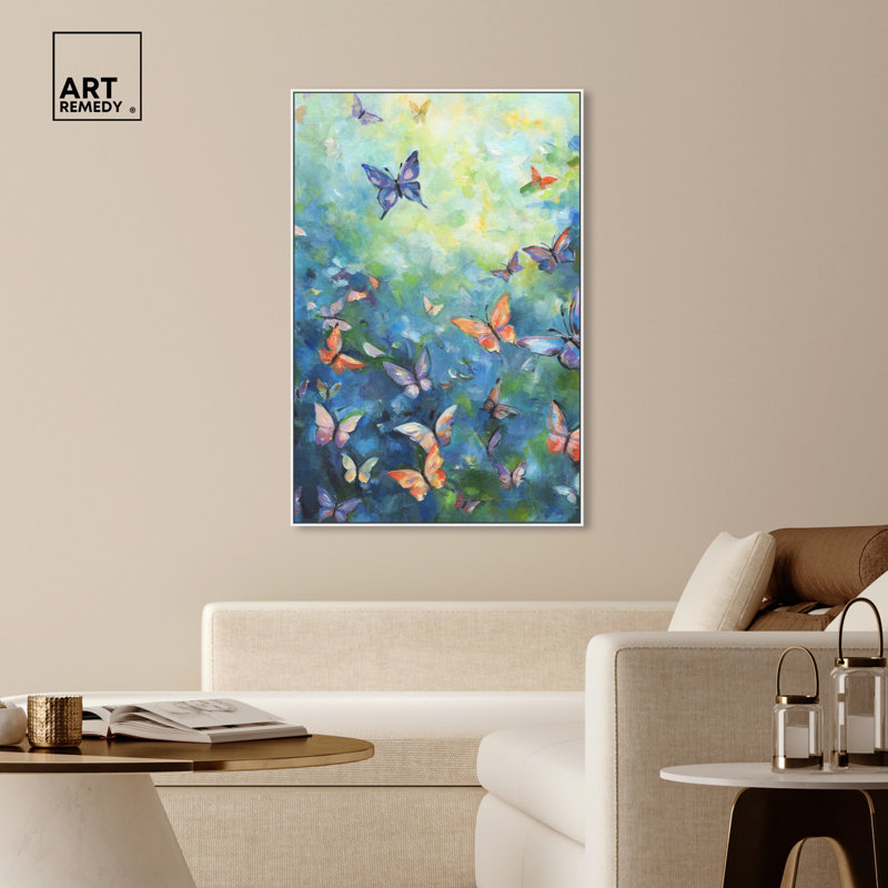 Large Multicolor Butterfly Print on Canvas with White Frame