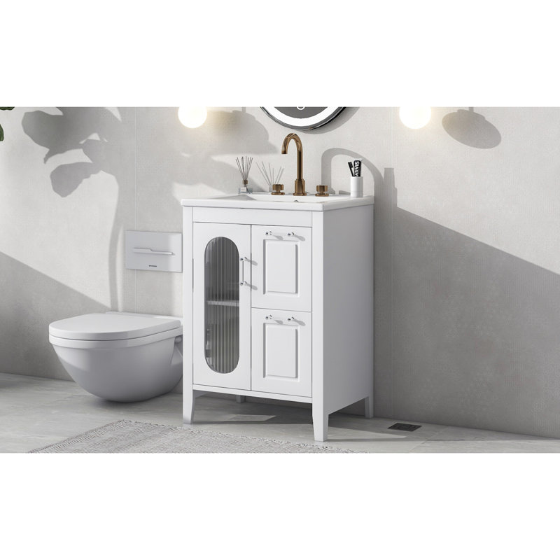 Meuble-lavabo avec lavabo / meuble-lavabo avec deux tiroirs et porte / tablette réglable, Blanc