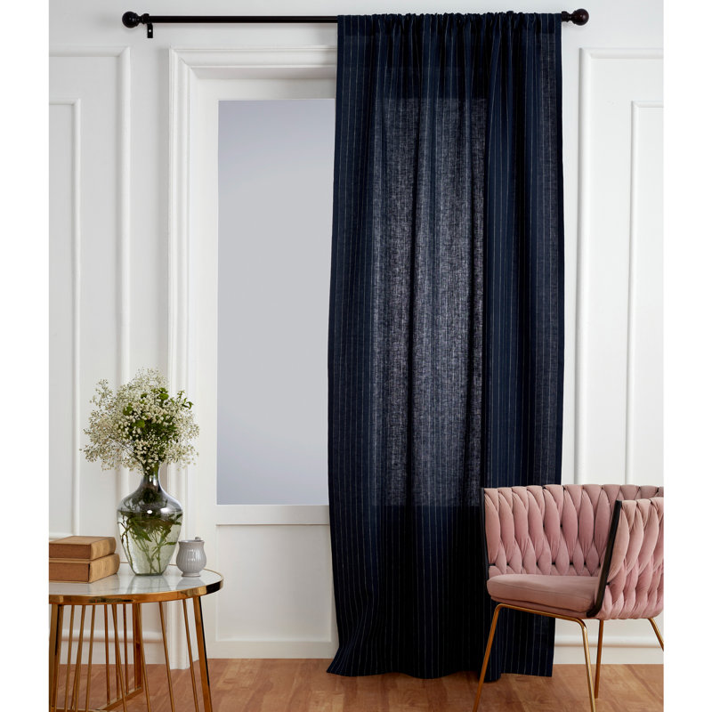Pinstripe - 100% Pure Linen Curtain, 52" W x 120" L, Navy and White