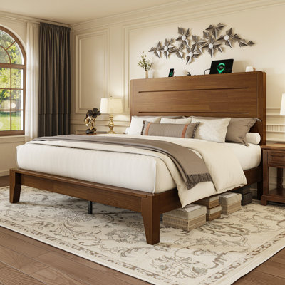 Solid Wood Platform Bed With Charging Station, Walnut