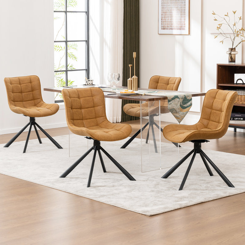 Tufted Swivel Leather Upholstered Side Chairs Modern Dining Chairs with Metal Legs, Brown