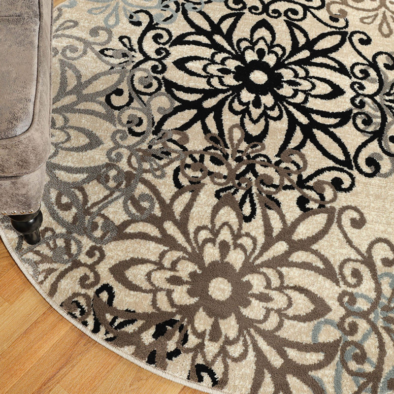 Tan Gray And Black Square Floral Medallion Stain Resistant Area Rug, Round 5'