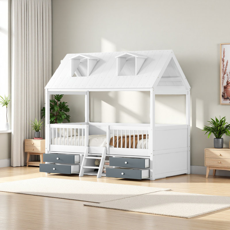 Wood Bed House Bed Frame, Twin, White