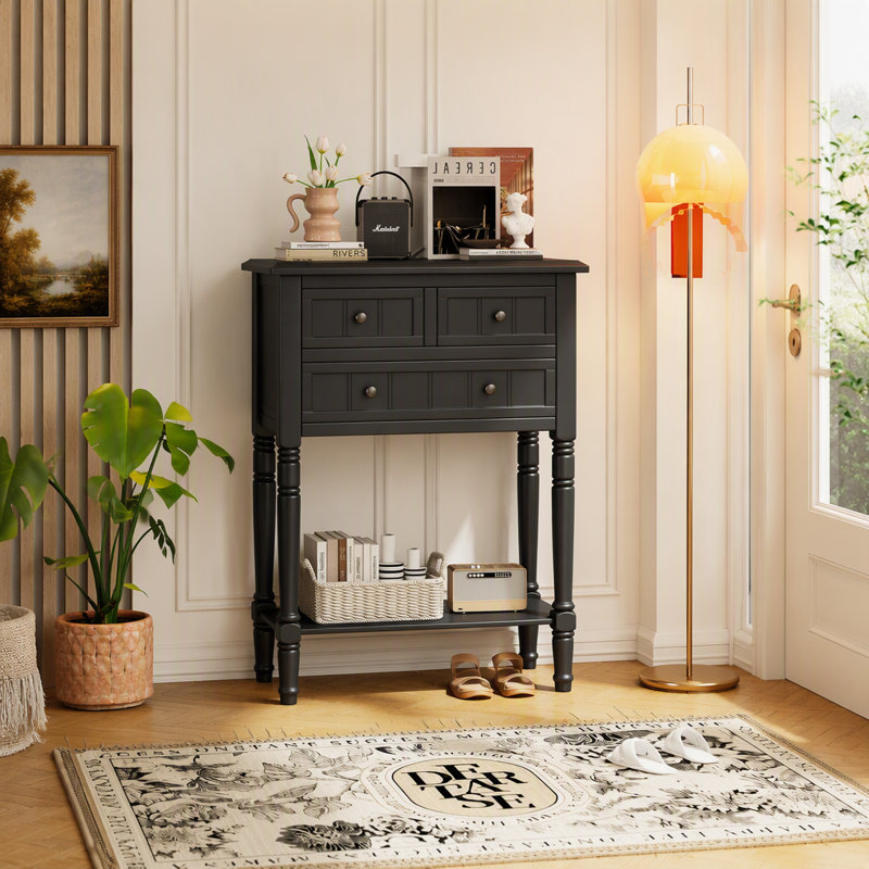 Console étroite, canapé mince avec trois tiroirs de rangement et tablette inférieure (noir), Noir