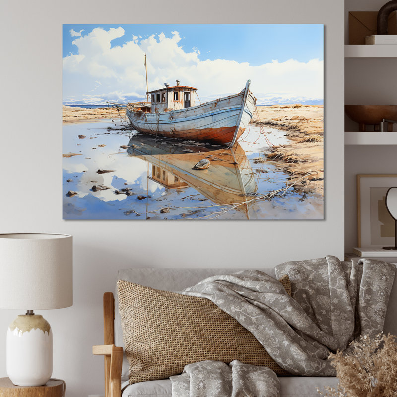 Rouge et blanc, bateau de pêche d'hiver Tranquility IV - art mural minimalisme, Toile tendue, H 30 po x l 40 po x P 1,5 po