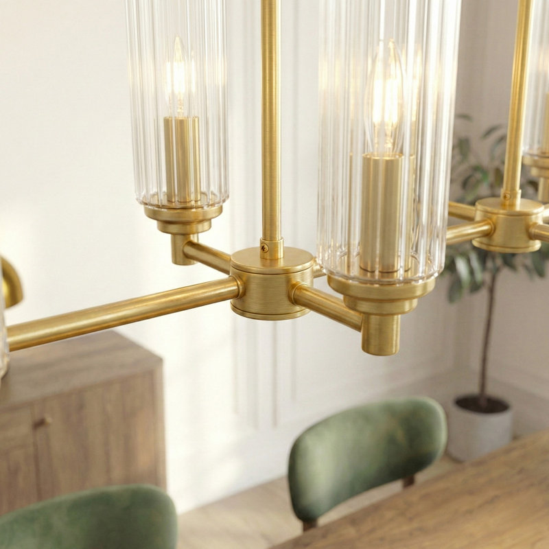 Willow 8 - Light Pendant Clear Ribbed Glass for Kitchen with Gold Brass Finish