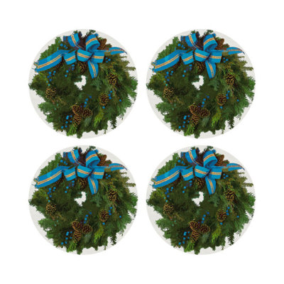 Christmas Wreath Tartan Green Vegan Leather Round Coasters