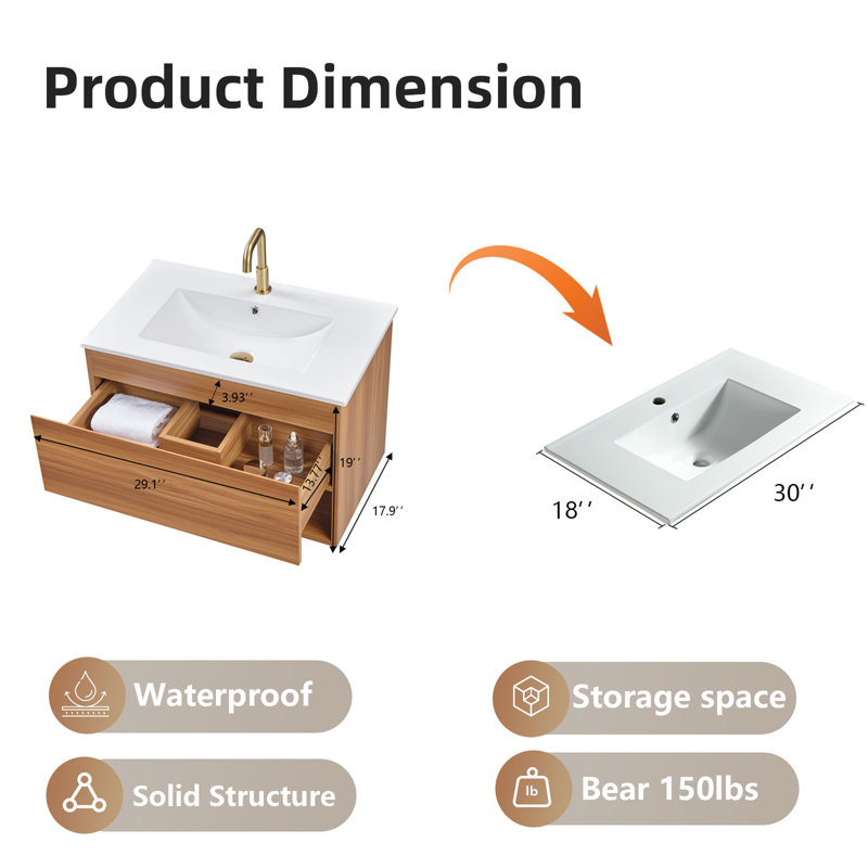 Ensemble de meuble-lavabo mural moderne 24 po et 30 po avec lavabos de comptoir et tiroirs à fermeture en douceur avec rangement ouvert