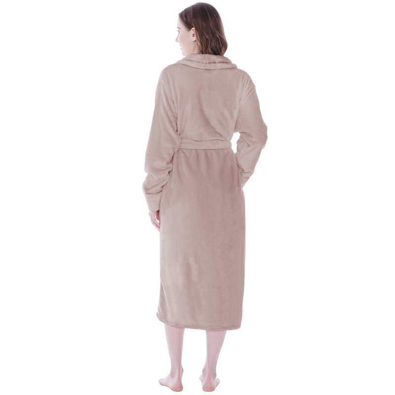 Peignoir mi-mollet en molleton avec poches, Taupe, S
