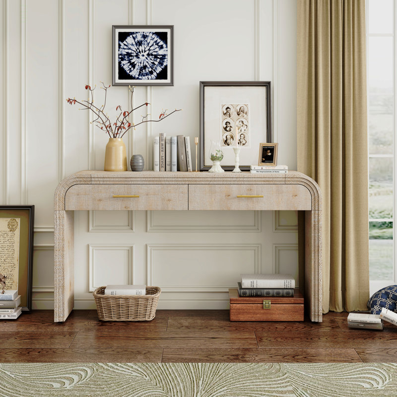 Buffet rétro avec deux tiroirs et coins festonnés, Beige
