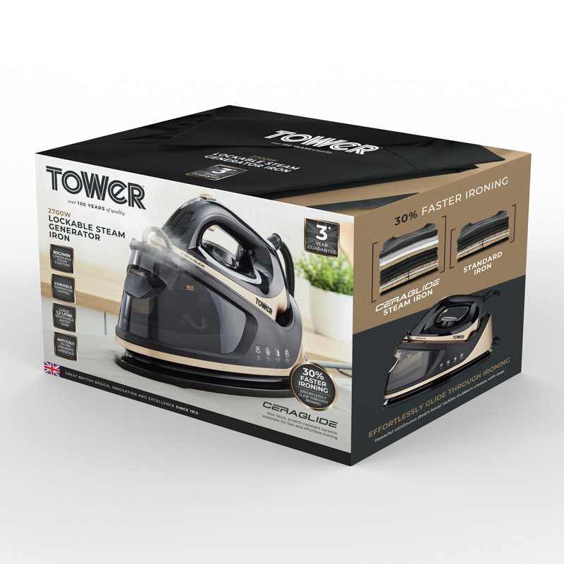 Tower T22023GLD Ceraglide Steam Generator with Steam Shot Button, 3 Temperature Settings, 1.2L, 2700 W, Champagne Gold and Black