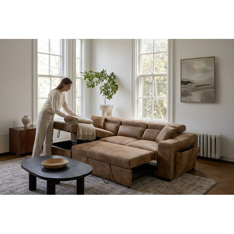 4 Seater Sofa Bed, Right Hand Facing, Brown Microfiber / Microsuede