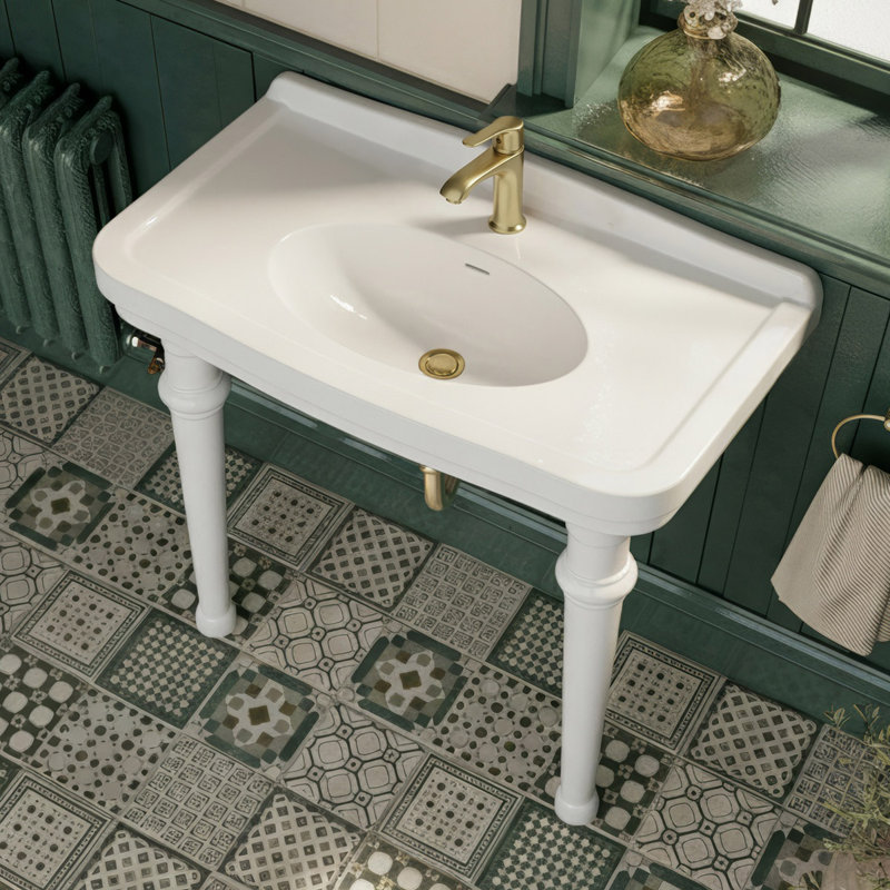 Whitehaus 41" console sink with integrated oval bowl, low-rise backsplash, ceramic leg support & overflow, Single Hole Faucet