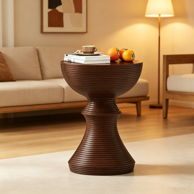 Patio Table Outdoor Concrete Side Table, Ribbed Brown