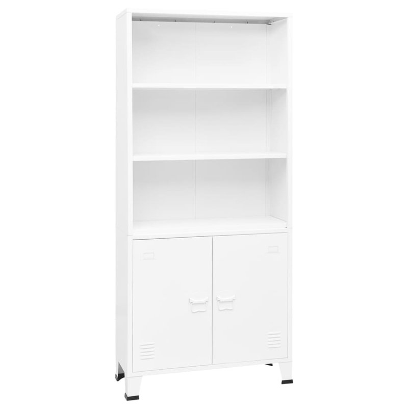 White Steel 3-Shelf Bookcase with Cabinet