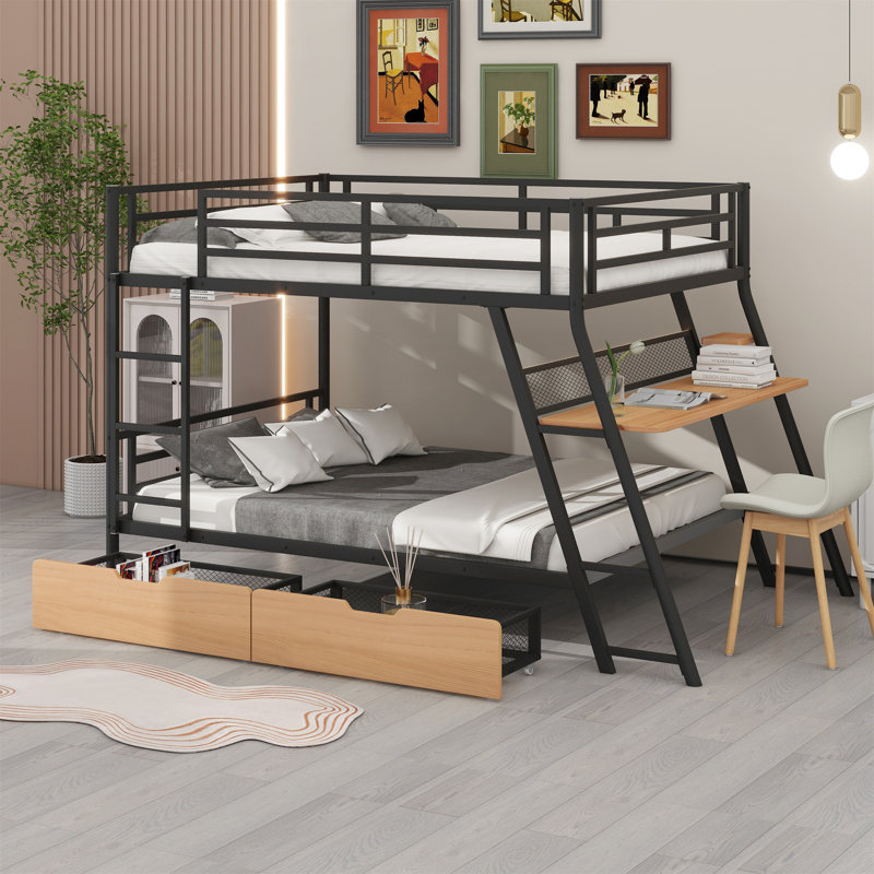 Zillah Metal Bunk Bed with Built-in Desk, Drawers and LED Light, Full over Full, Black/Natural