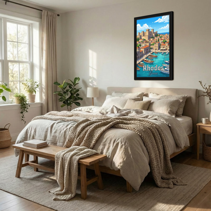Paysages pittoresques et urbains, château de Rhodes, port, ciel, eau, H 18 po x l 12 po