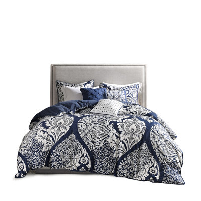 Couette indigo pour lit king size - 7 pièces en coton imprimé avec des coussins décoratifs complexes et une housse de garnissage de 180 fils.