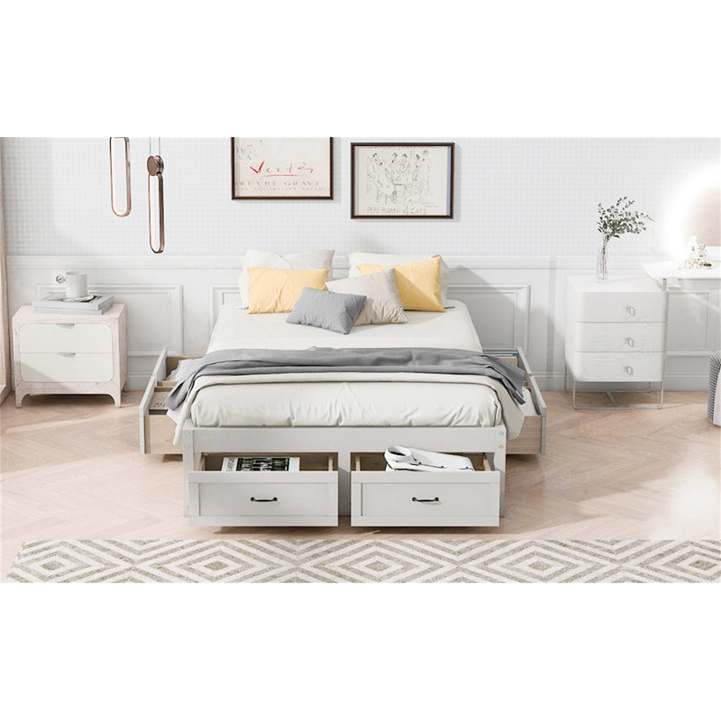 Lit plateforme double avec 6 tiroirs de rangement, Full, Antique White