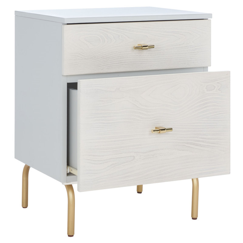 Table de chevet élégante à 2 tiroirs avec poignées dorées en bois, Gris / blanc délavé